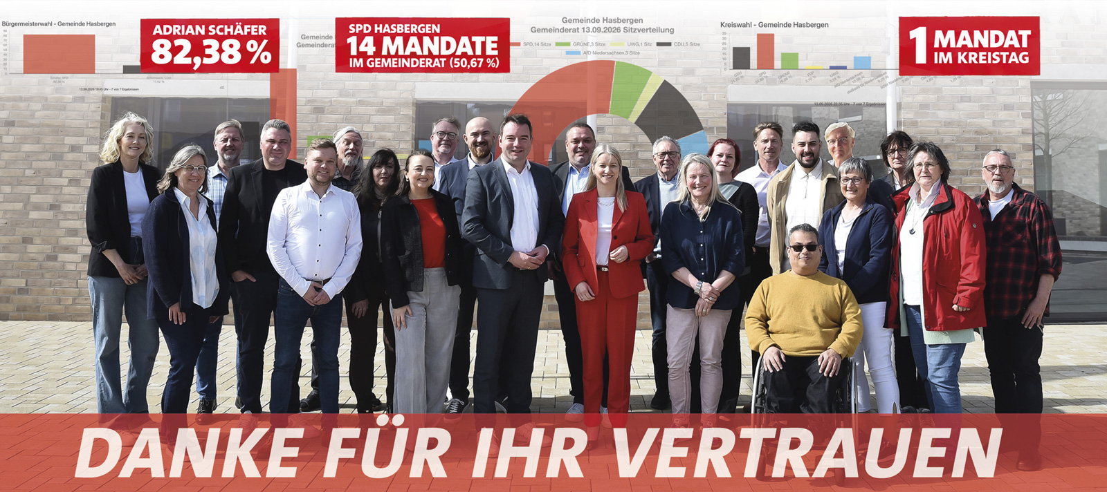 Gruppe von SPD-Politikern und Mitgliedern vor dem Rathaus in Hasbergen, engagiert für lokale Politi.